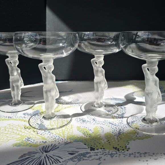4 pc Bayel Crystal Frosted Bacchus Male Figure Champagne Glasses | See video - Picture 2 of 16